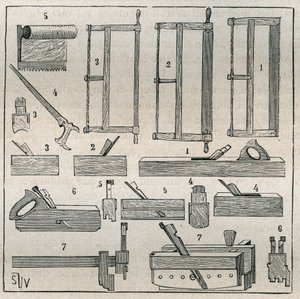 Ebenisterie: tavalliset työkalut, sahat ja höyläys. Kaiverrus vuodelta 1885 kirjassa "Les arts et metiers illustres", kirjoittanut Adolphe BITARD. tekijältä French School