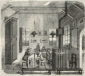Idioottien koulu Bicetressä 1800-luvulla - Edmond Texierin kaiverrus Tableau-de-Parisissa 1852 tekijältä French School