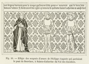 Bouvines-siltaa vartioineiden Philippe-Augusten asevarsinaisten hahmojen kuva Sainte-Catherine du Val des Escoliersissa tekijältä French School