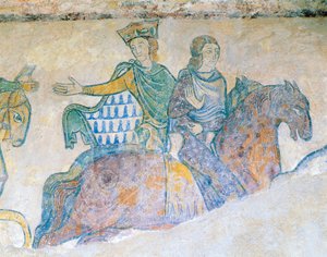 Aquitanian Eleanor, Englannin kuningatar ja hänen miniänsä Isabella Angoulemesta hevosen selässä tekijältä French School