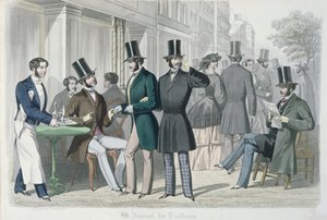 Elegantteja nuoria miehiä kahvilan terassilla, 1857 (värikaiverrus) tekijältä French School