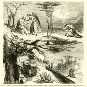 Elia, erämaassa, enkelin ruokkima, Elia kumartuu, kuuntelee Herraa, Elia johtaa Elisaa (kaiverrus) tekijältä French School