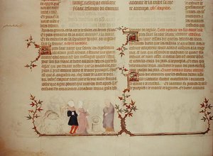 Eliezer esittelee Rebeccan Isaacille teoksesta "Jean de Syn raamattu", n. 1355 (vellum) tekijältä French School