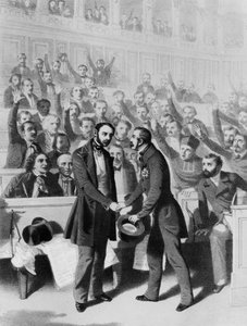 Keisari Louis Napoleon Bonaparte III (1808-73) kättelee kenraali Petit Grande Armeen invalidien rykmentin tarkastuksessa 24. joulukuuta 1848 tekijältä French School
