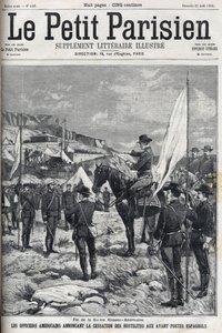 Espanjan ja Amerikan sodan loppu (American Hispano) vuonna 1898. Amerikkalaiset upseerit ilmoittivat vihollisuuksien lopettamisesta Espanjan etuvartiokohdissa. Kaiverrus "" Le petit parisien"" vuodelta 1898. tekijältä French School