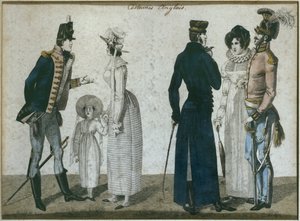 Englantilaiset puvut, kuvitus Le Bon Genrestä, 1800-luvun alku (värikaiverrus) tekijältä French School