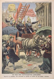 Englantilaiset palomiehiksi pukeutuvat sufragetit, Le Petit Journal, 3. huhtikuuta 1910