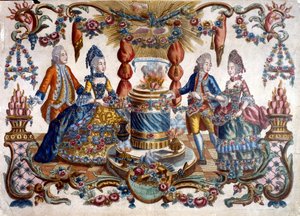Kaiverrus, jossa ranskalaiset aatelismiehet ja nainen kävelevät puutarhassa. 1700-luku tekijältä French School