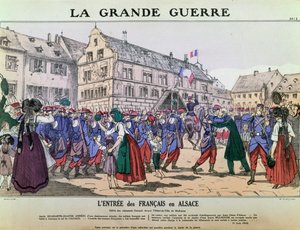 Ranskan armeijan tulo Mulhouseen, Alsace, 9. elokuuta 1914 (väri litho) tekijältä French School