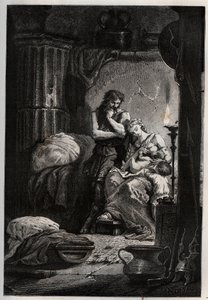 Eponine ja hänen miehensä Julius Sabinus (kuoli 78 jKr.) asuvat salaa luolassa paetakseen Vespasian keisaria (9-79) - Sabinus ja hänen vaimonsa Eponine, piilossa luolassa - kaiverrus "" L