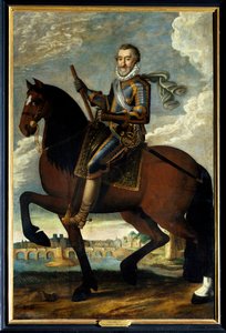 Ranskan kuninkaan Henrik IV:n (1553-1610) ratsastusmuotokuva Pont Neufin edessä Pariisissa. Anonyymi maalaus 1600-luvulta. Öljy kankaalle. Pakollinen maininta: Sully sur Loire, Chateau de Sully tekijältä French School