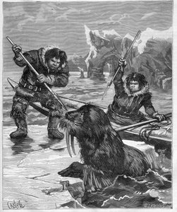 Eskimot - mursun kalastus - Eskimot - mursun kalastus vuonna 1888 - - Kaiverrus ”Journal des Voyages” 1888 tekijältä French School