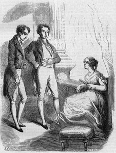 Adjudan markiisi esitti Eugene de Rastignacin Madame de Nucingenille. Kaiverrus 1800-luvun puolivälissä. Kuvitus Honore de Balzacin (1799-1850) "Isä Goriot" -sarjaan. tekijältä French School
