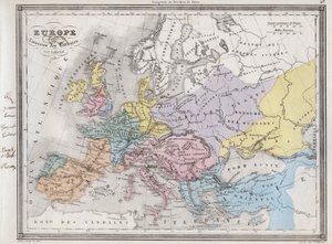 Eurooppa barbaarien hyökkäyksen jälkeen 500-luvulla - Vuilleminin "" Antiikin ja nykyaikaisen maantieteen yleismaailmallisesta atlasesta asuinkoulujen käyttöön" -levy - noin 1845 tekijältä French School