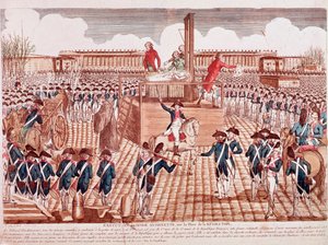 Ranskan kuningattaren Marie Antoinetten teloitus, Place de la Revolution, Pariisi, 16. lokakuuta 1793 (kaiverrus) tekijältä French School