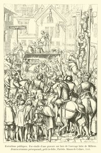 Executions publiques, Fac-simile dune gravure sur bois de louvrage latin de Millaeus, Praxis criminis persequendi, petit in-folio, Parisiis, Simon de Colines, 1541 tekijältä French School