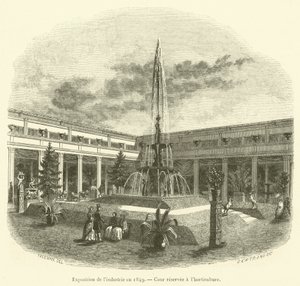 Teollisuuden näyttely 1849, puutarhanviljelylle varattu piha (kaiverrus) tekijältä French School