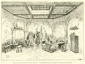 Työn retrospektiivinen näyttely, kemistin laboratorion jälleenrakennus 1600-luvulla (kaiverrus) tekijältä French School