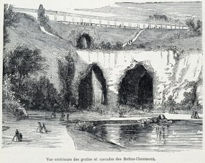 Ulkonäkymä Buttes Chaumontin kaskadeista ja luolista, kaiverrus 1800-luku tekijältä French School