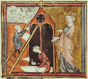 F.235v Kuningas Ludvig VI (1080-1137) katsomassa kirkon rakentamista, Grandes Chroniques de Francesta 1375-1379 tekijältä French School