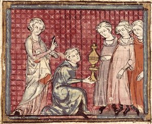 F.29r Valtakunnan jako Clotaire I:n kuoleman johdosta (497-561), Grandes Chroniques de Francesta 1375-79 tekijältä French School