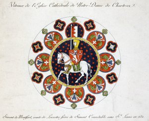 Esimerkki Chartresin Neitsyt Marian kirkon lasimaalauksesta: Simont de Montfort, Leicestren kreivi, Simont Conétablen veli Saint Louisin alaisuudessa vuonna 1231. tekijältä French School