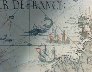 Faksimile valaanpyynnistä ja Isle of Saint Brandon, yksityiskohta Pierre Desceliersin portolaanin kartasta, 1546, julkaissut Edme Francois Jomardin (1777-1862) Monuments de la Geographie -julkaisussa