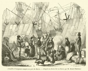Siirtolaisperheet leiriytyvät Le Havren satamaan (kaiverrus). tekijältä French School