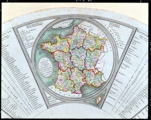 Tuuletin, joka kuvaa Ranskan karttaa jakautuneena 9 alueeseen, 10 metropoliin ja 83 departementtiin, 1790