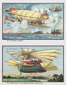 Fantasiakuvia ilmataistelusta ja rahtia kuljettavasta lentokoneesta vuonna 2000, n. 1910 tekijältä French School