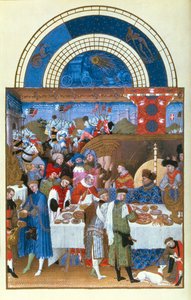Tammikuun faksimile: Limbourgin veljien juhlakohtaus Tres Riches Heures du Duc de Berrystä (alkuperäinen katso 8433) tekijältä French School