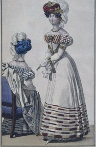 Muotilevy, Pariisi, kuvitus Le Petit Courrier des Damesista, n. 1820 (värikaiverrus) tekijältä French School