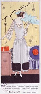 Höyhenistä valmistettua viuhkaa kuvaava muotilautanen Art, Gout, Beaute, 1921, (pochoor print) tekijältä French School