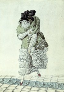 Muotikilpi, joka kuvaa naista ylittävässä viemärivirran, 1811 (värikaiverrus) tekijältä French School