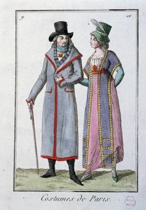 Muotia Directorien alla: pari eleganttia pariisilaista. Nimetön litografia vuodelta 1795. Pariisi, pukumuseo tekijältä French School