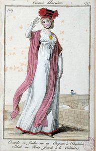 Muotia Directorireen alla: tyylikäs nuori nainen, jolla on pariisilainen puku: cocarde lakanoissa englantilaisessa hatussa, mekko rypistynyt koblentzilla. Anonyymi kaiverrus. 1797 Pariisi, Musee du costume tekijältä French School