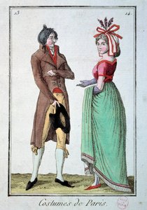 Muoti hakemiston alla: pari eleganttia, nainen käyttää hattua puutarhurilla. Kaiverrus vuodelta 1795. Pariisi, pukumuseo tekijältä French School