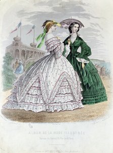 Muodikkaat pariisilaiset naiset meren rannalla, 1861 (värikaiverrus) tekijältä French School
