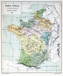 Feodaalinen Ranska Hugues Capetin liittyessä vuonna 987, kartta on kuvattu Histoire de Francessa n. 1880