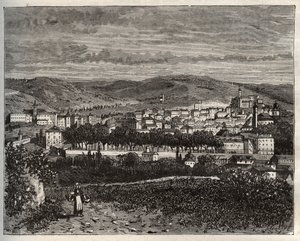 Figeac - Lot, Midi-Pyreneiden alueella - kaiverrus "La France illustree: maantiede, historia, tilastohallinto" V.A. Maltaanruskea. 1884 tekijältä French School