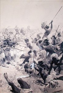 Taistelut zulujen ja englantilaisten sotilaiden välillä, n. 1878 (akvarelli paperille) tekijältä French School