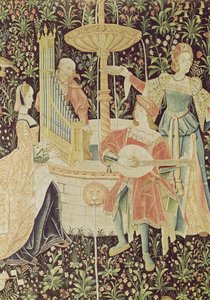 Figuurit suihkulähteen ympärillä, yksityiskohta The Concert at the Fountain -työpajasta, Loiren työpaja, n. 1570-80 (katso 87759, 19846) tekijältä French School