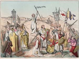Ensimmäinen ristiretki: Jerusalemin piiritys ja valloitus Godefroy (Godefroi) de Bouillonin (1058-1100) johtamien risteilyjen toimesta vuonna 1099 - Godfrey de Bouillon Jerusalemin piirityksessä - Kaiverrus 1800-luvun lopusta "" Nosissa Gires Nationales -  tekijältä French School