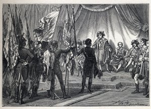 Ensimmäinen liittouma: Joachim Murat (1767-1815) esittelee johtokunnalle Napoleon Bonaparten johtaman Ranskan armeijan Italian kampanjan aikana valloittamat liput. Kaiverrus vuodelta 1889. Yksityinen kokoelma. tekijältä French School