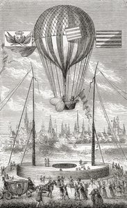 Ensimmäinen lento ohjattavalla ilmapallolla, Dijonista, 12. kesäkuuta 1784, teoksesta "Wonderful Balloon Ascents or the Conquest of the Skies", kirjoittanut Fulgence Marion, julkaistu n. 1870 tekijältä French School