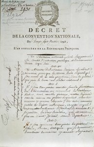 Palais du Louvren museoksi perustamisesta 27.7.1793 pidetyn kansalliskokouksen salaisuuden ensimmäinen sivu tekijältä French School