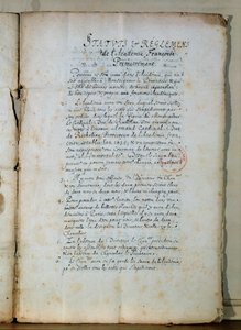 Ranskan akatemian perussäännön ensimmäinen sivu 1635 (muste paperille) (katso myös 179947) tekijältä French School