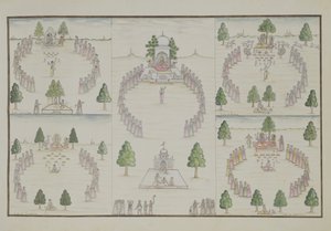 Viisi hindukulttia: Shiva, Krishna, Vishnu, Brahma ja äitijumalatar Gentil-albumista, julkaistu vuonna 1774 tekijältä French School