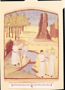 Viisi henkilöä keskustelemassa puutarhasuunnittelusta, Pietro de Crescenzin Livre des Prouffitz Champestresistä (1230-132021) tekijältä French School