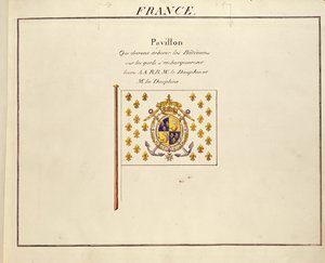 Dauphinin ja Dauphinen lippu, Ranskan Louis-Antoine ja Marie-Therese, Maritime Powers -paviljonkeista, n. 1815-1830 (värikaiverrus) tekijältä French School